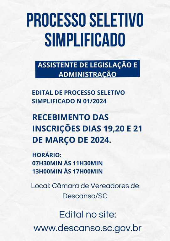 EDITAL PROCESSO SELETIVO SIMPLIFICADO Nº 01 2024 Câmara Municipal de