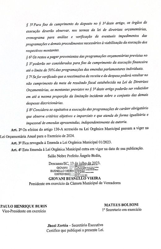 PROMULGAÇÃO DA EMENDA Nº 02/2023 À LEI ORGÂNICA DO MUNICÍPIO DE DESCANSO/SC.