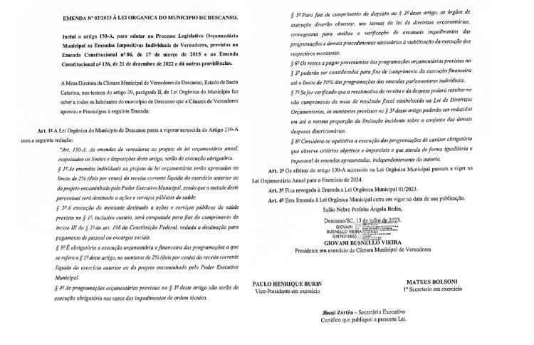 PROMULGAÇÃO DA EMENDA Nº 02/2023 À LEI ORGÂNICA DO MUNICÍPIO DE DESCANSO/SC.